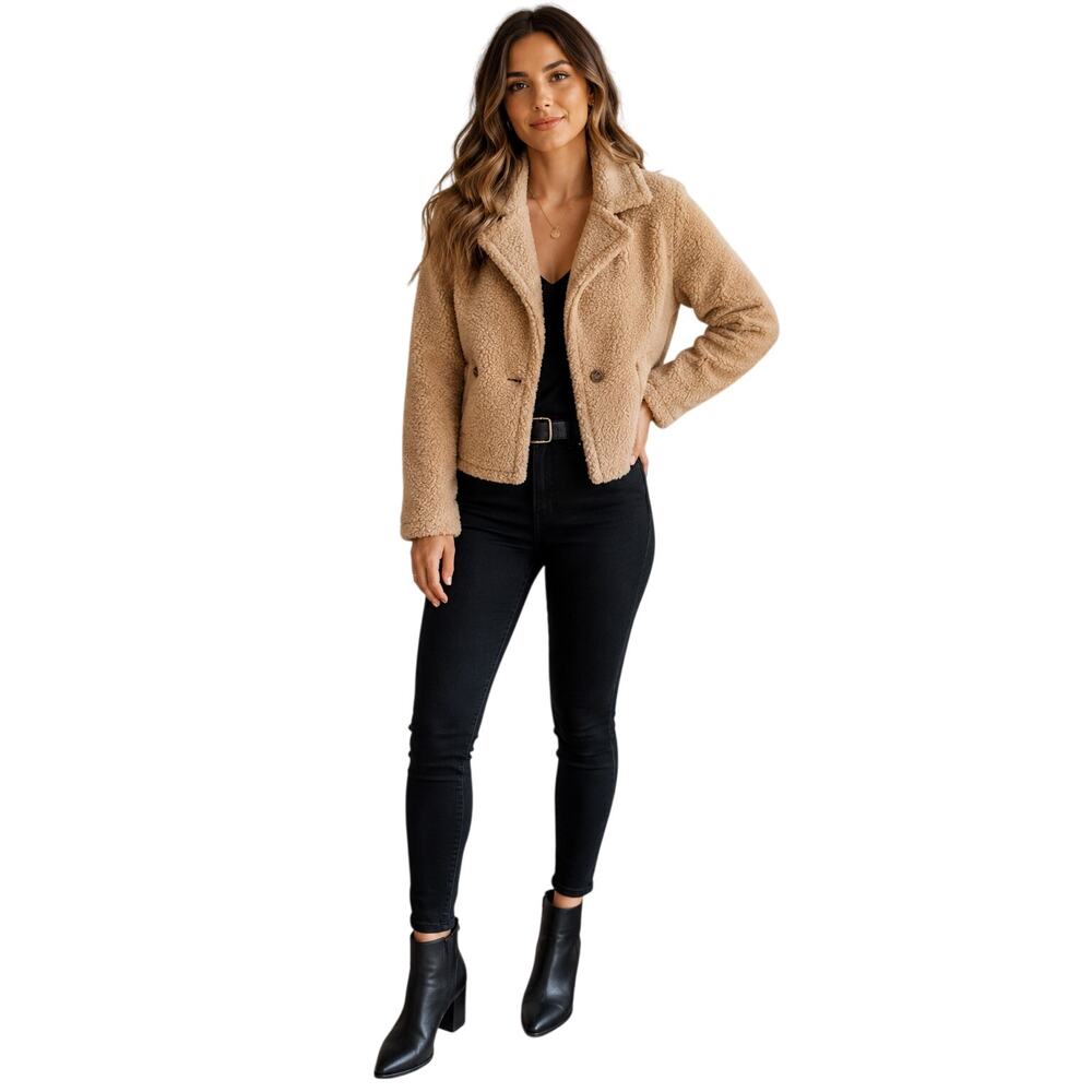 Maison Jules Sherpa Teddy Jacket Beige Button Coat L NWT